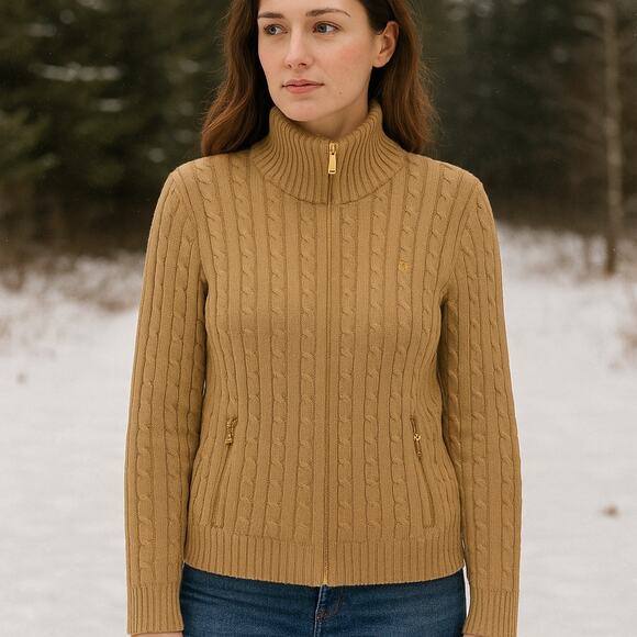 Lauren Ralph Lauren VTG SZ L 100% Cotton Cable Knit Full Zip Sweater in Camel - Picture 1 of 4